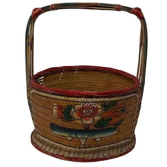 Vtg Asian Woven Rattan Wedding Basket Hand Painted Fish Koi Goldfish Floral 14" - Picture 3 of 8